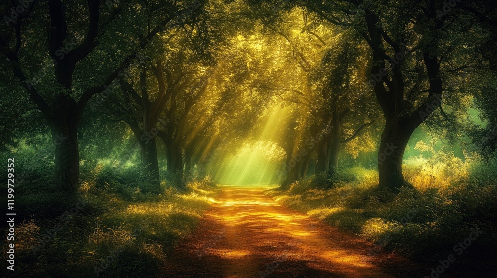 Obraz premium Dirt road through a forest with sunlight filtering through - generated AI