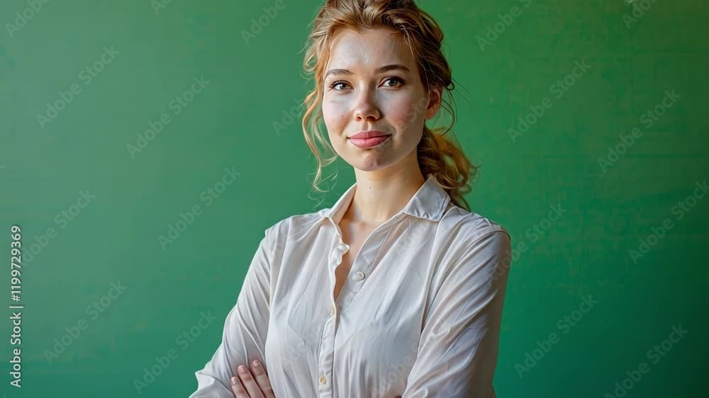 Confident Woman Portrait: A young woman with auburn hair and a confident expression stands against a muted green backdrop, arms crossed, on green screen Confident Woman Portrait: A young woman with auburn hair and a confident expression stands against a muted green backdrop, arms crossed, on green screen