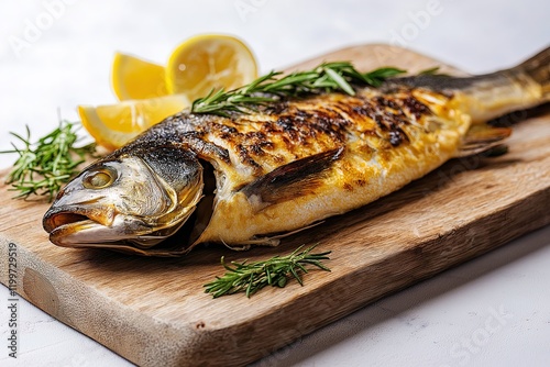 A beautifully grilled whole fish with crispy golden skin, garnished with fresh rosemary and lemon wedges, served on a rustic wooden board. The dish looks appetizing, evoking a gourmet seafood experien photo