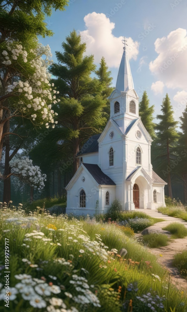 A quaint white church perched high atop a hill in a forest with wildflowers blooming around its base, forested hill, wooden hilltop church A quaint white church perched high atop a hill in a forest with wildflowers blooming around its base, forested hill, wooden hilltop church