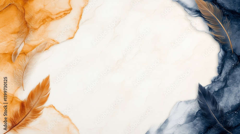 Obraz premium Elegant feather arrangement on a marble-like background. Warm and cool tones create a balanced aesthetic.