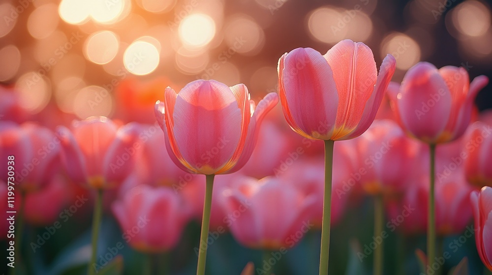 Obraz premium Pink tulips catch the golden light of the setting sun.