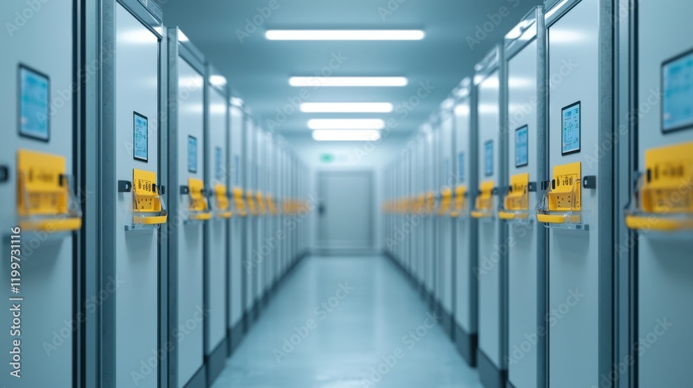 Fototapeta premium Food safety storage health concept. Row of Industrial Freezers With Safety Labels and Monitoring Equipment in Hallway Corridor