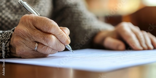 Elderly woman reviewing and signing documents contracts at a table