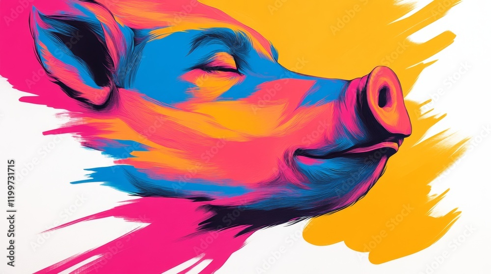 Fototapeta premium Vibrant digital painting of a pig's head, showcasing bold strokes of pink, blue, and orange. A striking artistic interpretation.