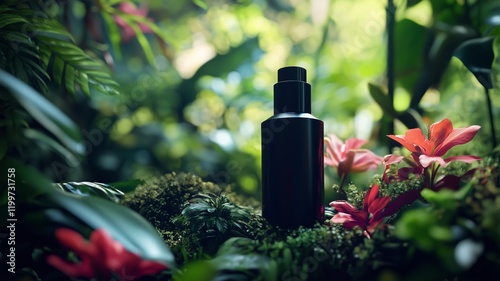 mock-up of non-transparent black cosmetics bottle with dispenser for essential oil or perfume among tropical green plants and flowers on the ground. organic skincare and wellness concept photo