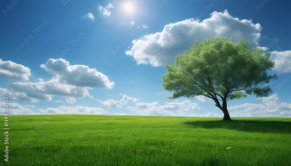 Solitary tree in sunny green field; nature serenity; idyllic landscape; website background. Solitary tree in sunny green field; nature serenity; idyllic landscape; website background.