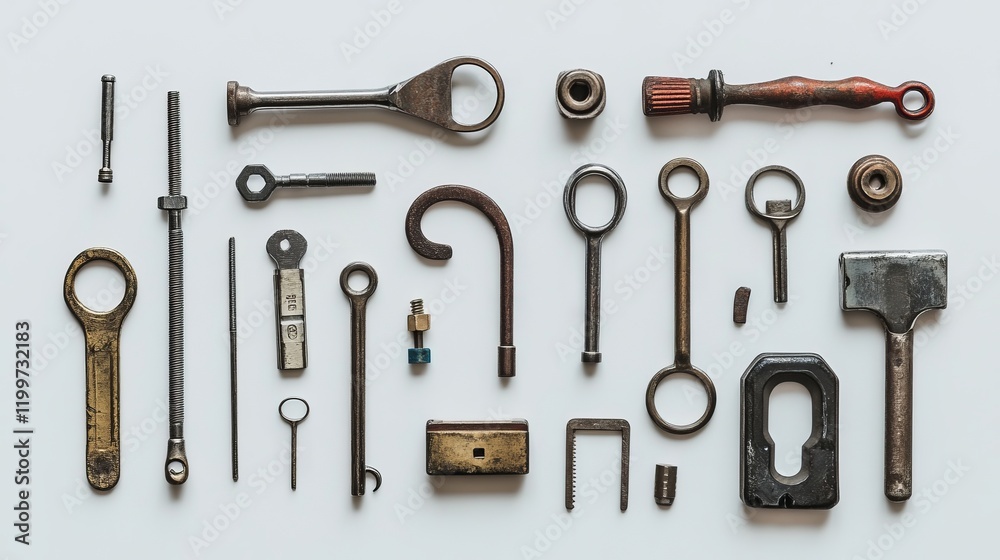 An isolated collection of lockpicking tools showcased on a plain white surface An isolated collection of lockpicking tools showcased on a plain white surface