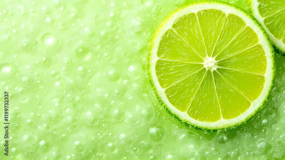 A Vibrant Lime Slice Rests on a Green Backdrop, Glistening With Water Droplets, Symbolizing Refreshing Citrus Flavors A Vibrant Lime Slice Rests on a Green Backdrop, Glistening With Water Droplets, Symbolizing Refreshing Citrus Flavors