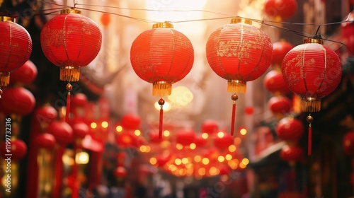 A vibrant street scene with red lanterns and decorations for Chinese New Year