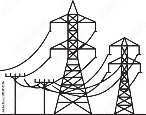 Simple, black and white line drawing of power transmission towers and electrical lines.