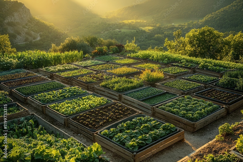 terraced organic garden beds viewed from above, geometric patterns of varied crops creating living mosaic, morning dew glistening on leaves