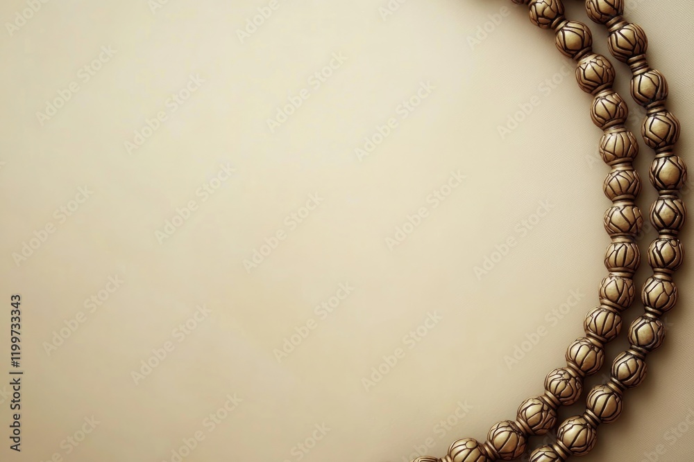 close-up of tasbih prayer beads arranged in circular pattern on smooth beige background close-up of tasbih prayer beads arranged in circular pattern on smooth beige background