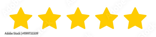 5 yellow rounded stars. 5 gold star vector icon