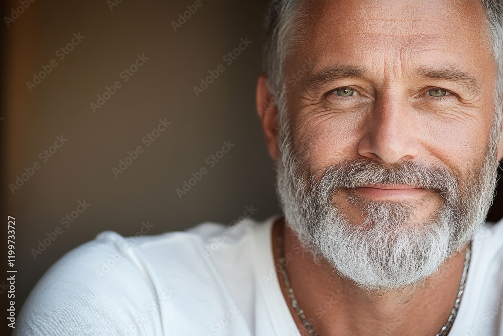 Obraz premium Mature man with a beard smiling warmly, showcasing a friendly demeanor in a cozy indoor setting during the afternoon