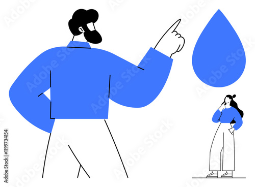 Large man gesturing with finger upwards, pondering woman, blue teardrop shape. Ideal for brainstorming, creativity, problem-solving, growth, leadership communication teamwork. Abstract line flat
