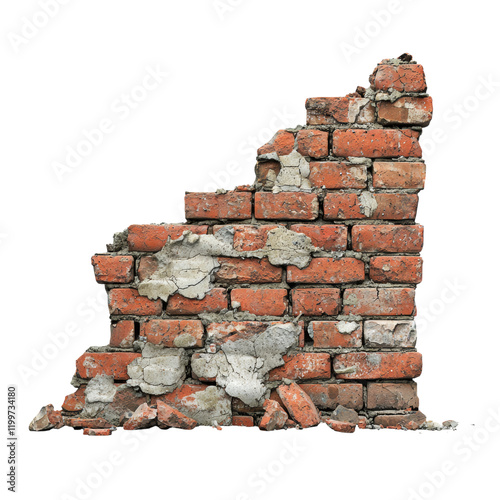 Rustic Brick Wall with Crumbling Texture Isolated on transparent background