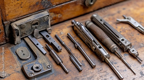 Multiple lockpicking tools employed to open a door lock effectively photo