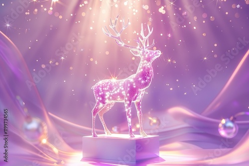 Holy light, crystal white deer, very detailed 3d animation,super clear, transparent, focusing light, optics, realism, jingle bells on a holiday bannerred  photo