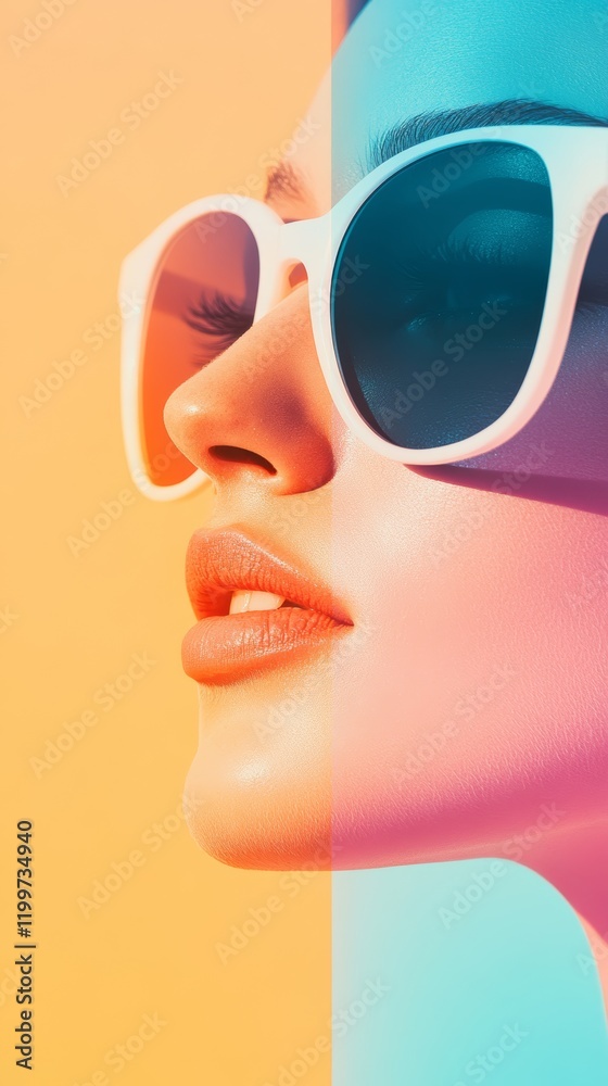 Close-up profile of a young woman wearing stylish sunglasses against a vibrant, split-toned background. Close-up profile of a young woman wearing stylish sunglasses against a vibrant, split-toned background.