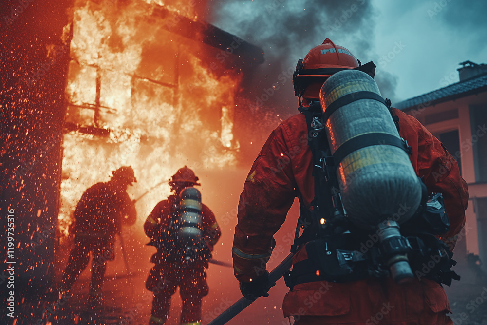 Fototapeta premium Back view of a group of firefighters running towards a burning house. Firefighter team in full gear goes towards a burning house, dramatic lighting and smoke surrounding them