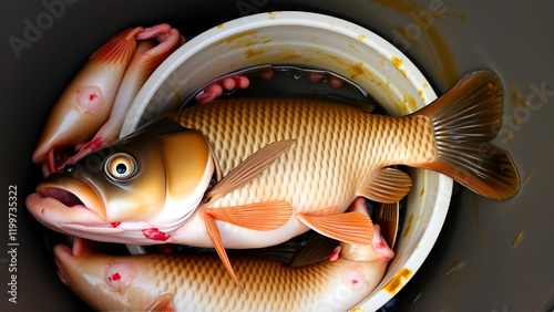 Bighead carp fish guts in the bucket. Hypophthalmichthys is a large cyprinid fish photo