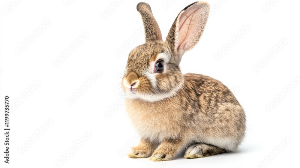 Fototapeta premium A cute rabbit sitting upright, ears perked up, isolated on a pure white background,