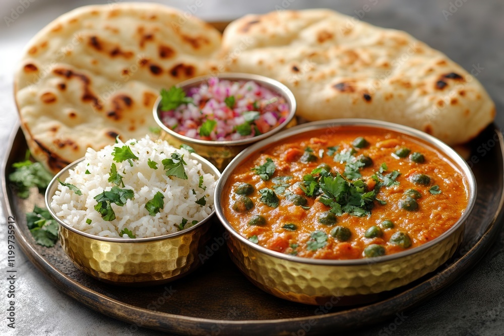 traditional indian thali with vibrant curries, fresh naan, aromatic rice, brass serving bowls, authentic presentation, warm lighting traditional indian thali with vibrant curries, fresh naan, aromatic rice, brass serving bowls, authentic presentation, warm lighting