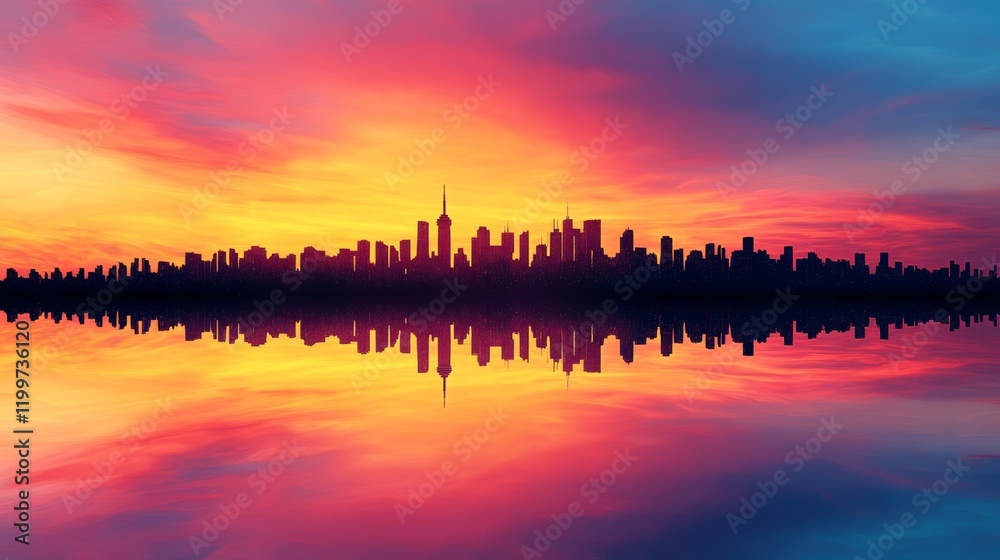 City skyline reflected in calm water at sunset. Vivid colors paint the sky, creating a breathtaking scene. City skyline reflected in calm water at sunset. Vivid colors paint the sky, creating a breathtaking scene.