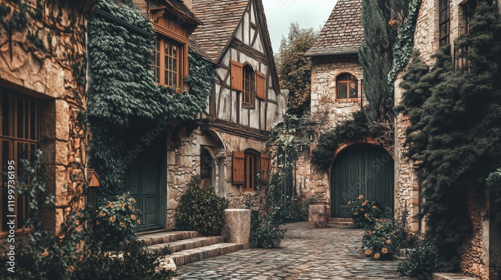 Historic village with old houses and narrow streets - generated AI Historic village with old houses and narrow streets - generated AI