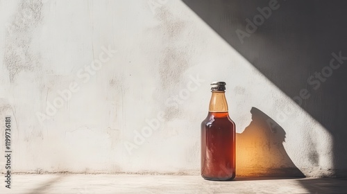 Glass bottle filled with dark beverage, illuminated by sunlight against a textured wall photo