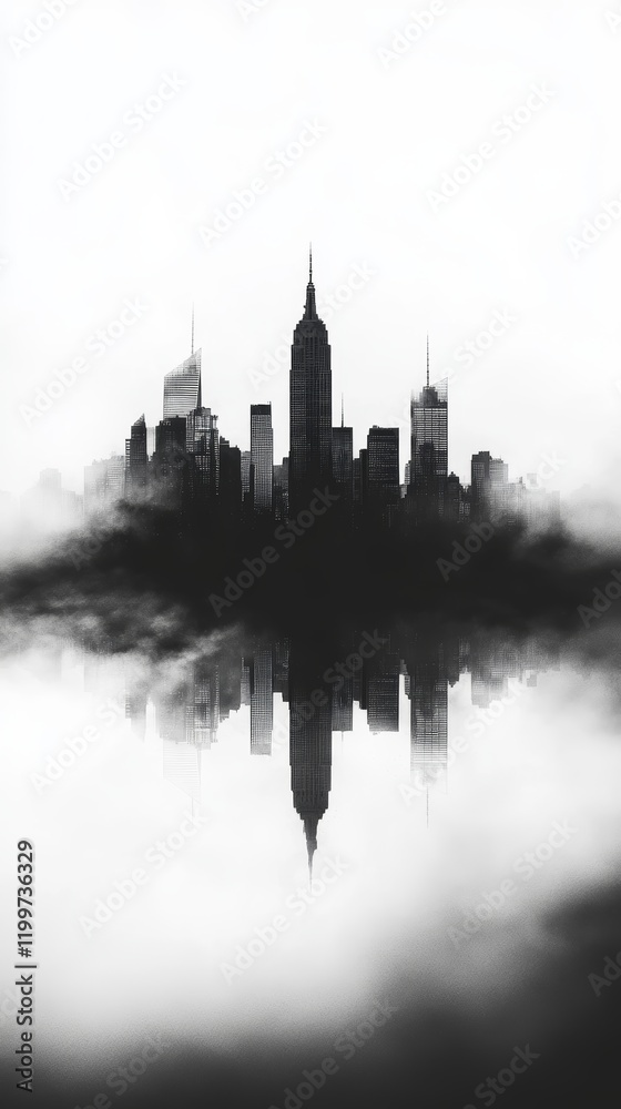 Obraz premium A surreal black and white cityscape emerges from the clouds, its reflection mirrored below. An iconic skyscraper dominates the skyline.