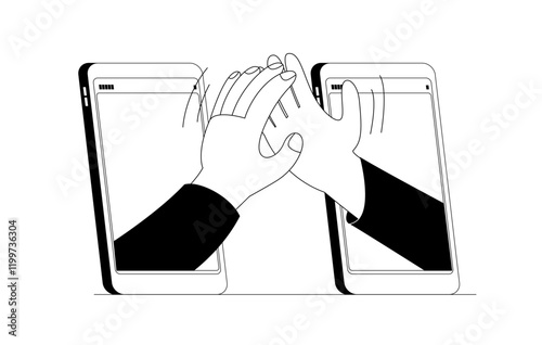 Friendly greeting online. Vector illustration on the theme of making a deal or meeting online. Two hands greeting each other from different phones.