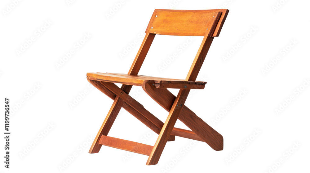 A wooden folding chair with a simple and elegant design, set against a white isolated background, showcasing its craftsmanship and versatility. A wooden folding chair with a simple and elegant design, set against a white isolated background, showcasing its craftsmanship and versatility.