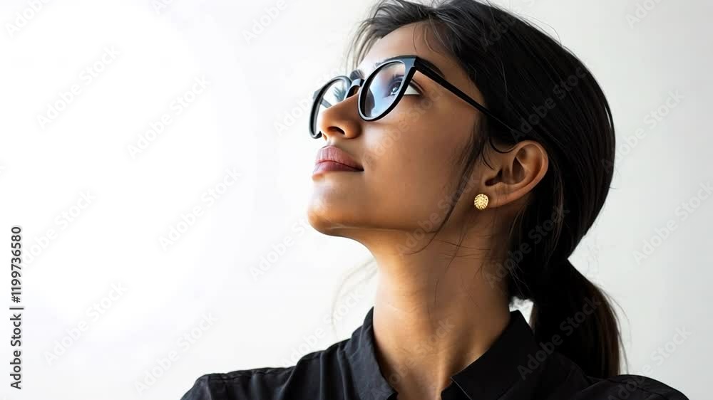 Hopeful Gaze: A young woman with dark hair, wearing glasses and a black top, gazes upward with a look of hope and aspiration. Her expression is serene and thoughtful. Hopeful Gaze: A young woman with dark hair, wearing glasses and a black top, gazes upward with a look of hope and aspiration. Her expression is serene and thoughtful.
