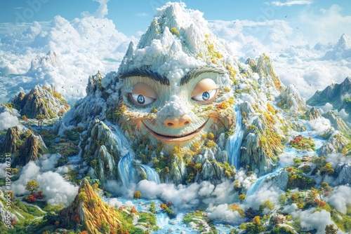 dynamic cartoon 3d image of mountain range forming face with animated elements like blinking eyes and flowing streams