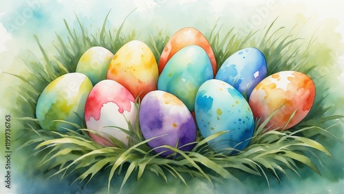 Vibrant watercolor Easter eggs nestled in soft grass with a gentle background ambiance
 photo