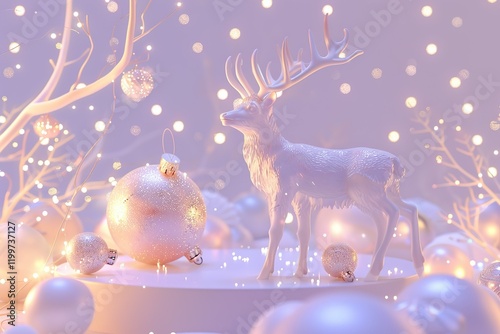 Holy light, crystal white deer, very detailed 3d animation,super clear, transparent, focusing light, optics, realism, Large Christmas bell ornamentsred  photo