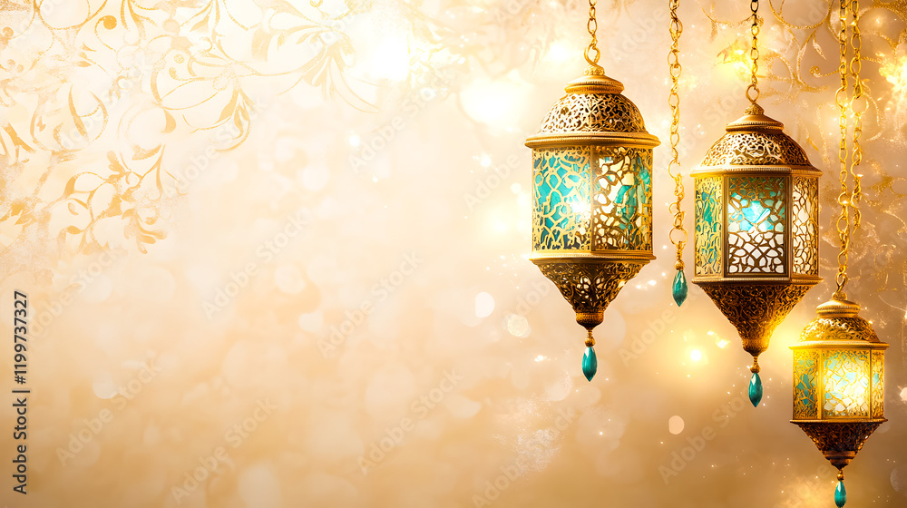 Elegant golden lanterns hanging against a soft bokeh background with floral pattern