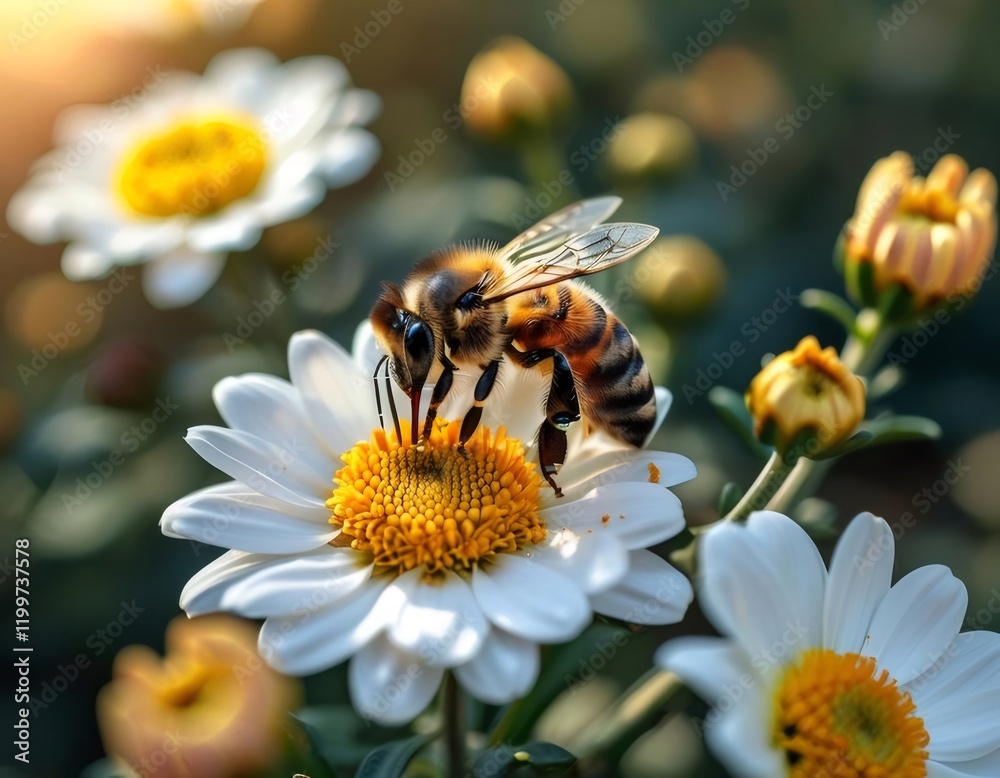 Bee pollinating daisy, garden, sunset. Bee pollinating daisy, garden, sunset.