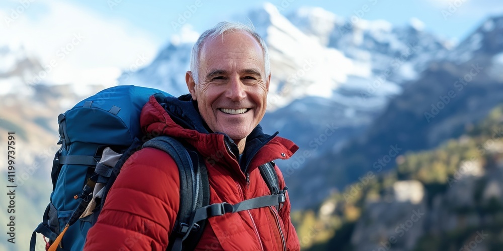 Hiking in mountain as old man. Smiling man in a red jacket hiking in a mountainous landscape with snowy peaks in the background Hiking in mountain as old man. Smiling man in a red jacket hiking in a mountainous landscape with snowy peaks in the background