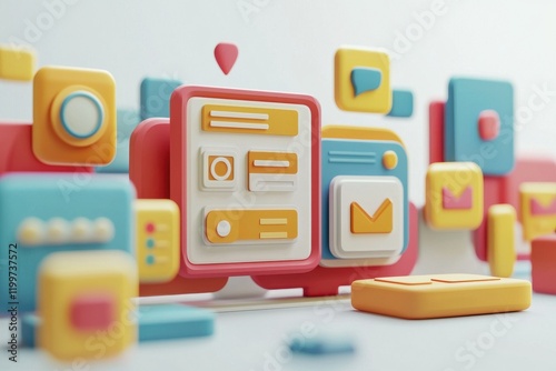 A colorful, 3D composition of abstract shapes representing digital interface elements like buttons and cards. photo