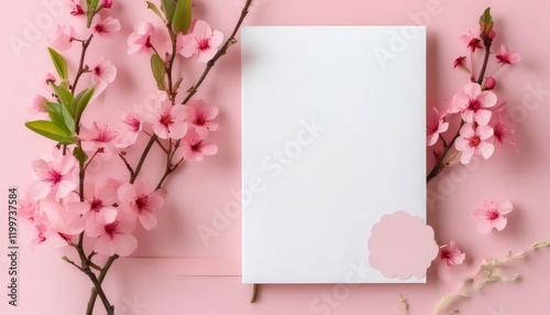 Wallpaper Mural Pink flowers frame blank card, spring background, invitation design. Torontodigital.ca