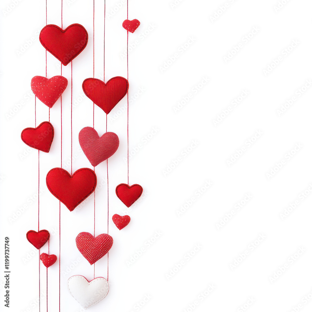 Hanging red hearts on strings create charming and festive decoration Hanging red hearts on strings create charming and festive decoration