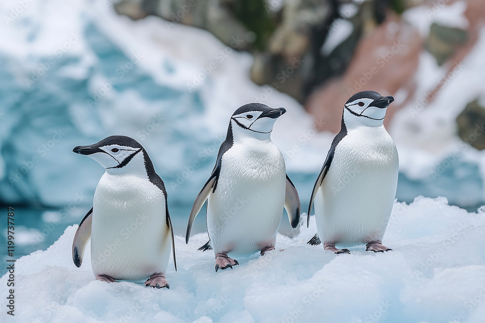 Fototapeta premium Group of chinstrap penguins staying in chick nursery in the snow ice in Antarctica.