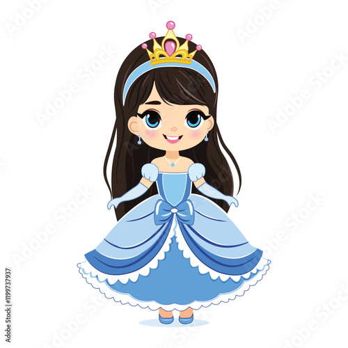 Cute little princess with beautiful eyes in blue dress and golden crown. Isolate on white background, Vector illustration in flat drawn cartoon style