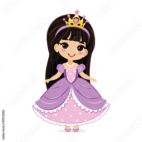 Cute little princess with beautiful eyes in violet dress and golden crown. Isolate on white background, Vector illustration in flat drawn cartoon style