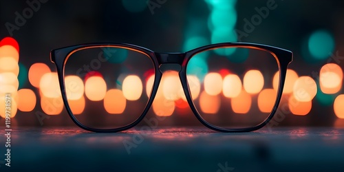 A pair of black-framed glasses positioned in front of a blurred background with colorful circular lights. Concept Black-framed Glasses, Blurred Background, Colorful Bokeh Lights, Stylish Accessories photo