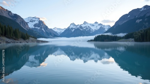 Serene turquoise lake cradles majestic mountains, their reflections shimmering on the tranquil waters. A tapestry of nature's beauty unfolds in harmony with the sky above