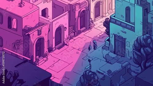 Isometric futuristic megacity with adventurers exploring secret alleyways photo